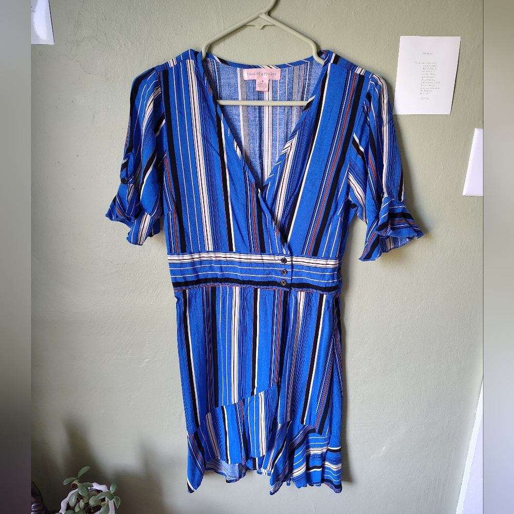 Band Of Gypsies Women's Medium Blue Striped Short-sleeve Wrap-style Mini Dress - Picture 4 of 13